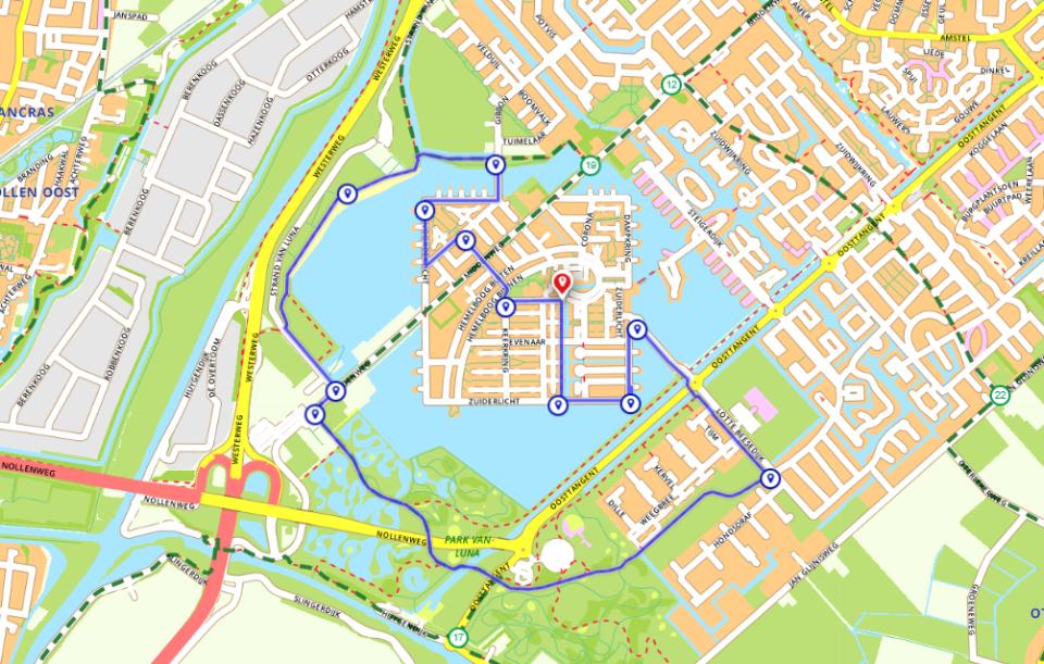 stad van de zon route op de kaart
